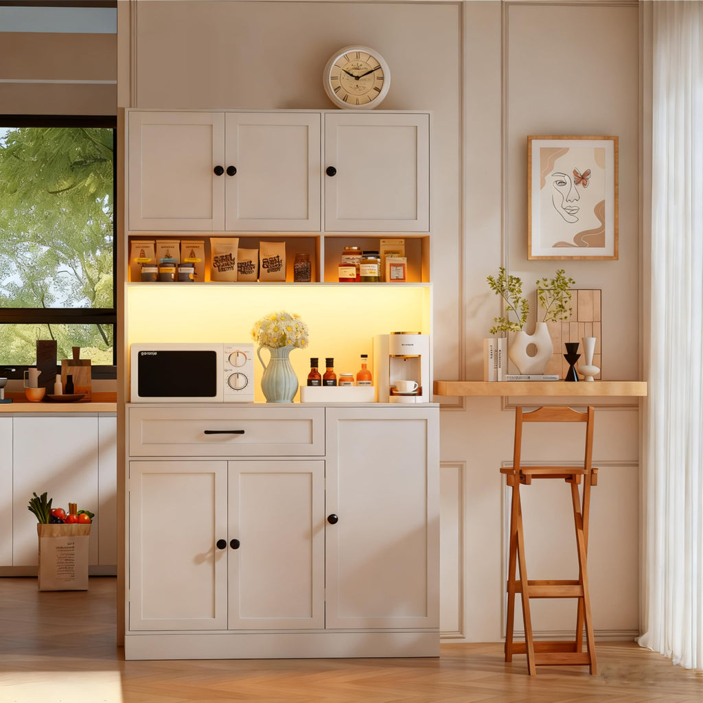 72" Kitchen Pantry Cabinet with LED Light and Charging Station W346