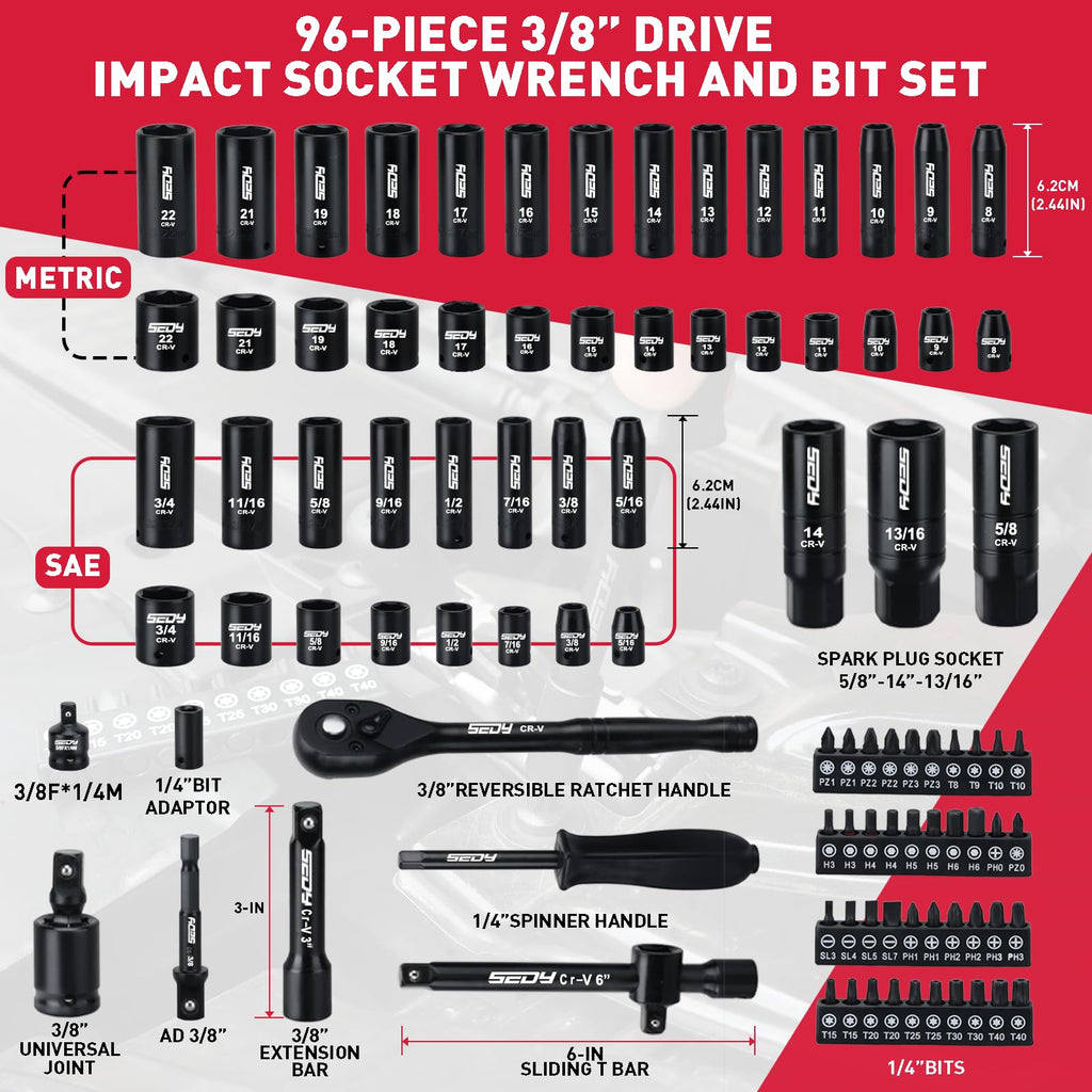 96-Piece 3/8" Drive Impact Socket Wrench and Bit Set, SAE & Metric, Cr-V Standard & Deep Sockets V220400