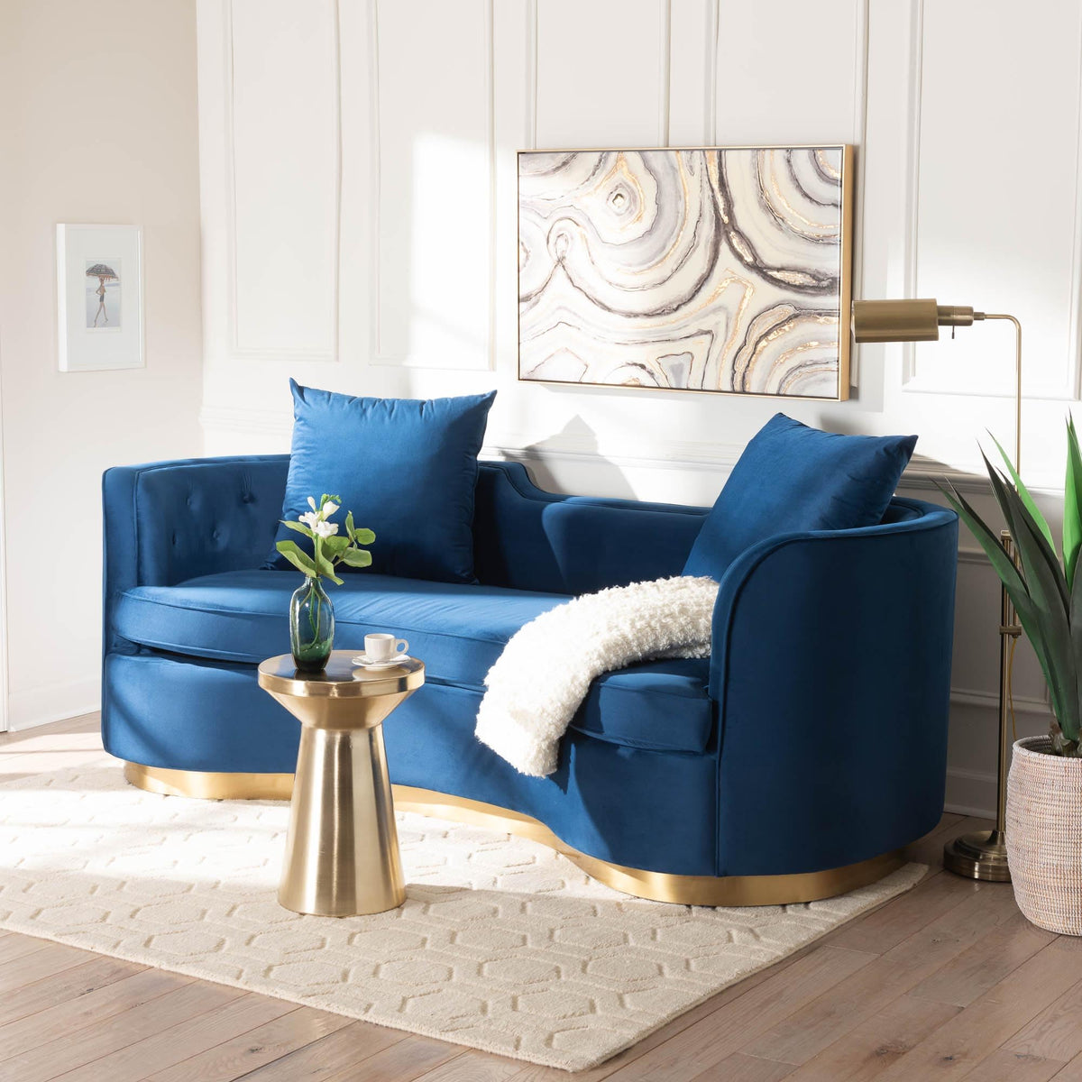 Navy Blue Velvet and Brushed Gold Metal Sofa E13503