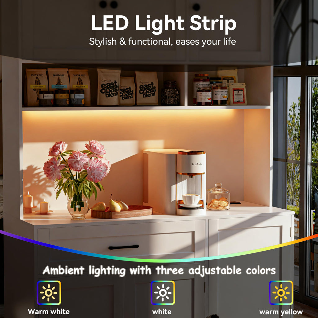 72" Kitchen Pantry Cabinet with LED Light and Charging Station W346