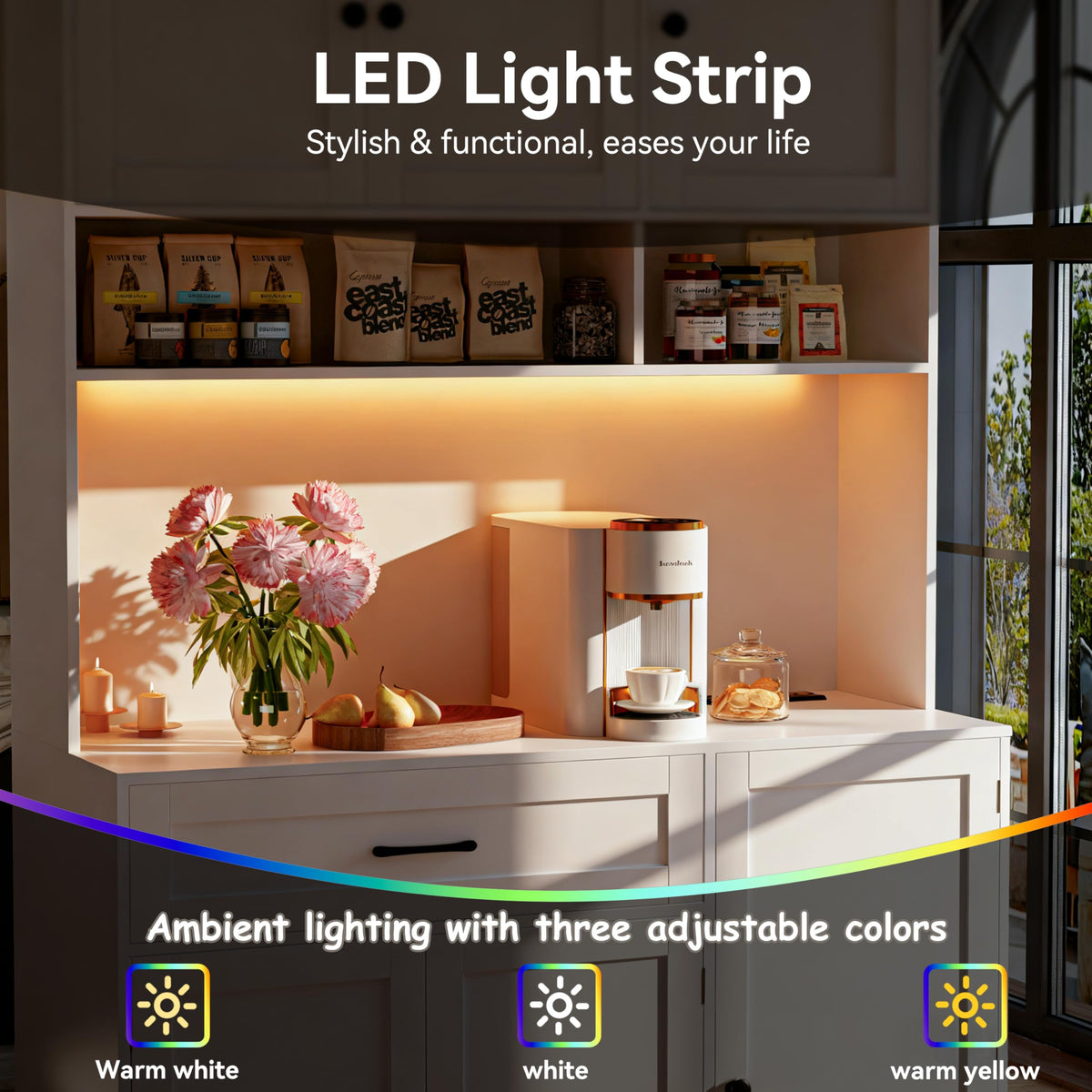 72" Kitchen Pantry Cabinet with LED Light and Charging Station W346