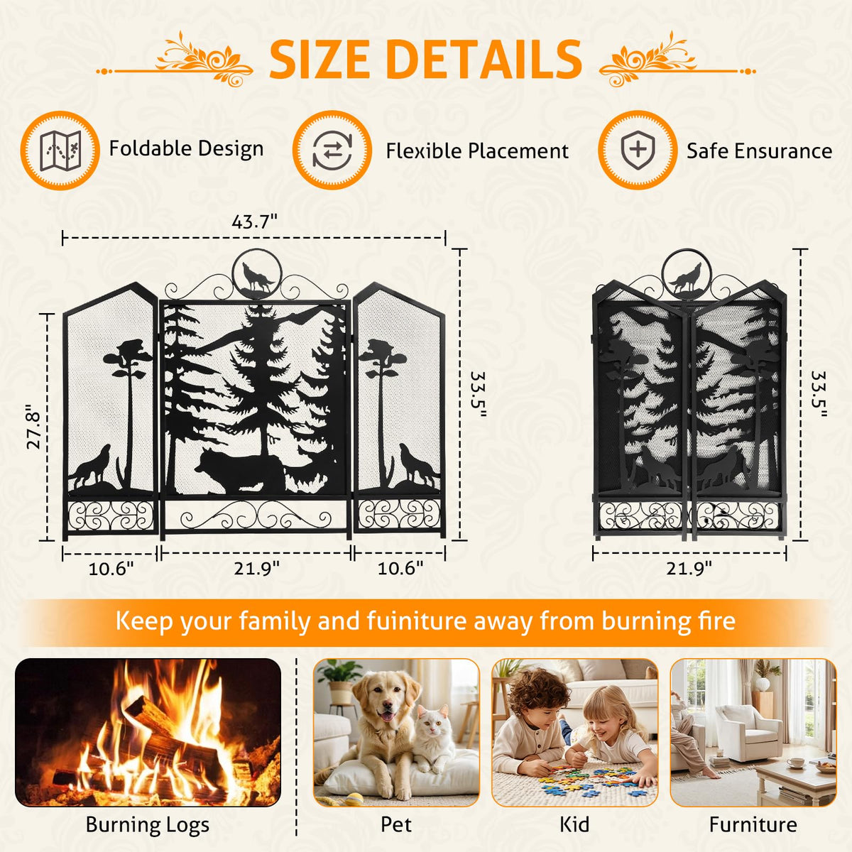 Black 3 Panel Fireplace Screen A6969