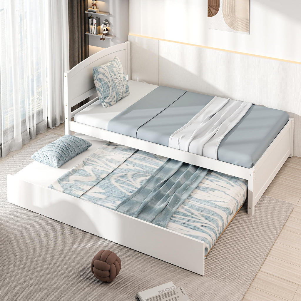 White Twin Trundle Bed with Headboard Z446