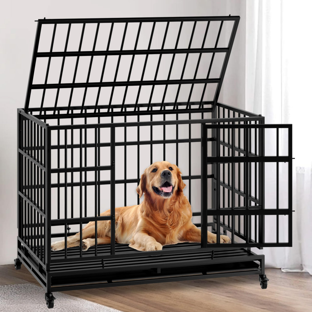 48 Inch Heavy Duty Collapsible Metal Dog Crate with Wheels G9999