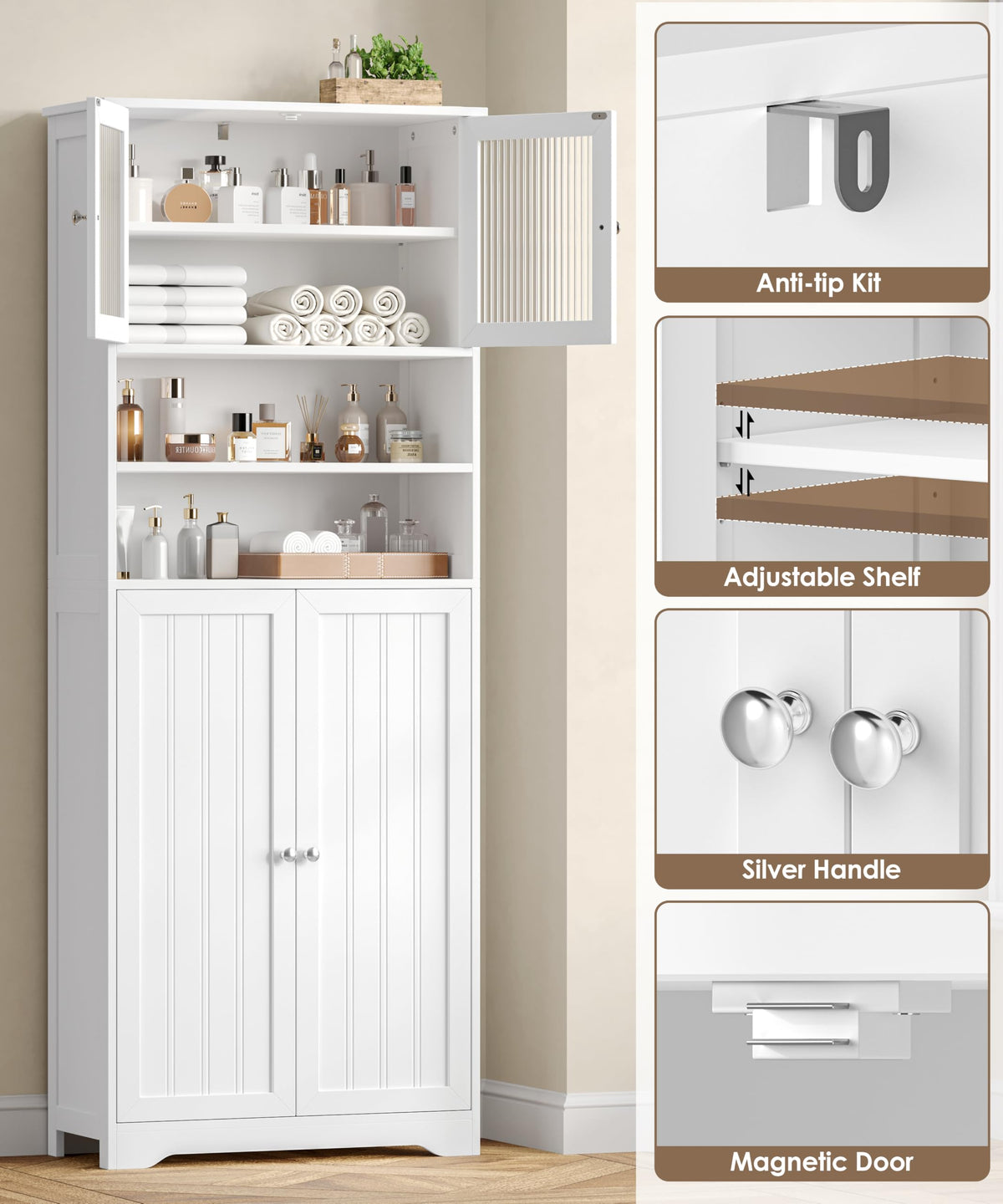 66.9" H Tall White Bathroom Storage Cabinet M265072