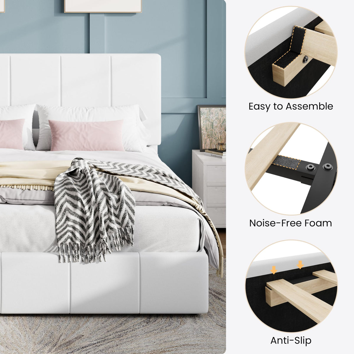 Queen Size White Velvet Upholstered Platform Bed Y74636