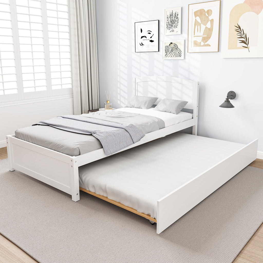 White Twin Trundle Bed with Headboard Z446