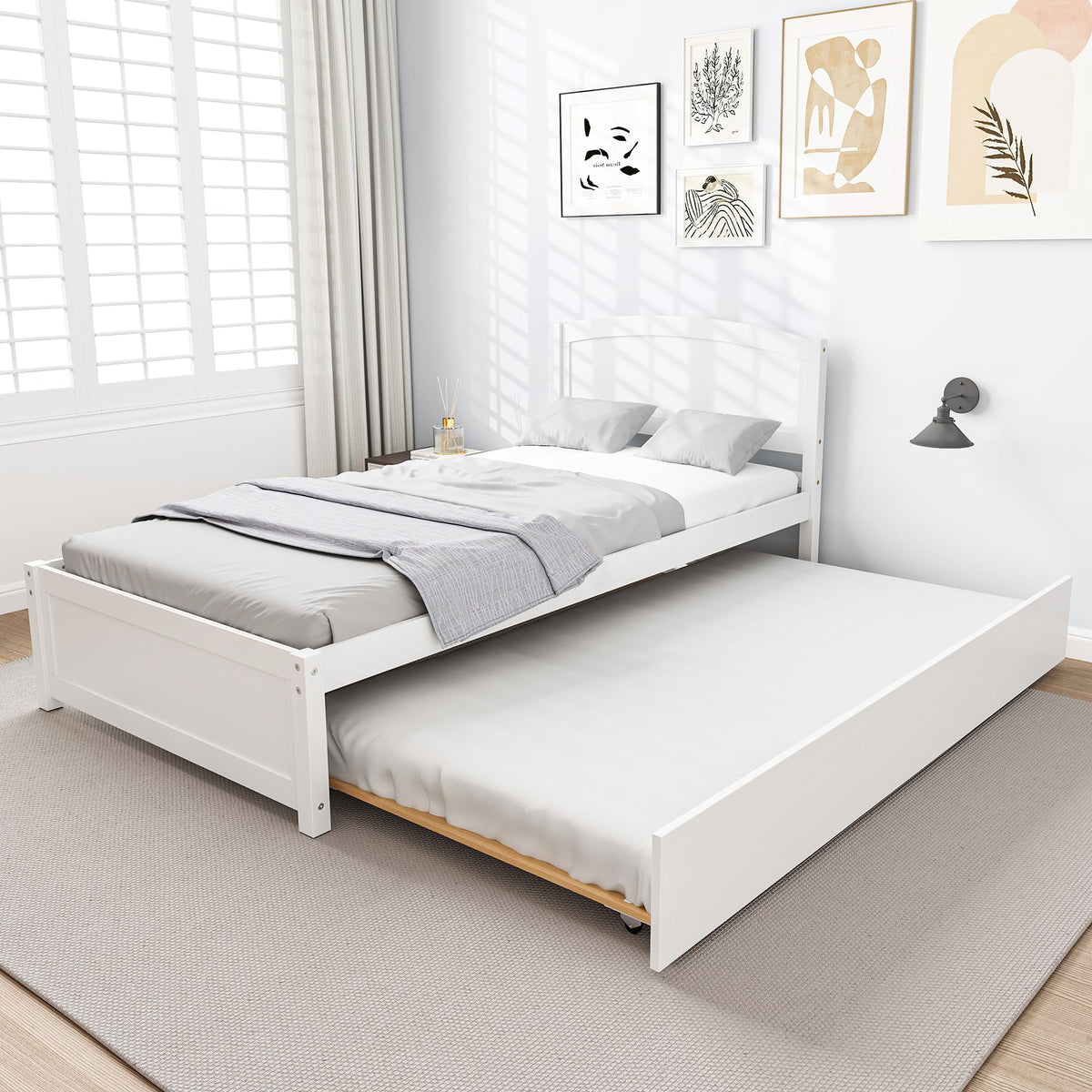 White Twin Trundle Bed with Headboard Z446