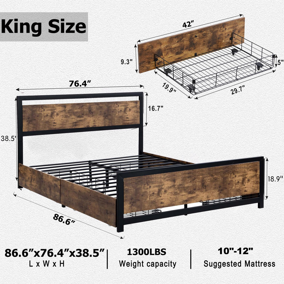 King Size Wood Bed Frame with 4 Storage Drawers J814240
