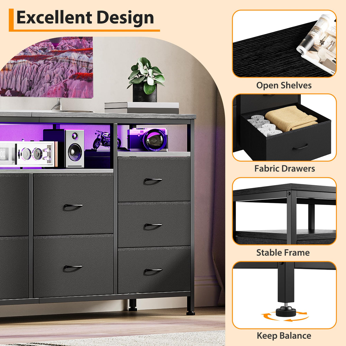 Black 10 Drawer Fabric Dresser with LED Lights & Charging Ports W987