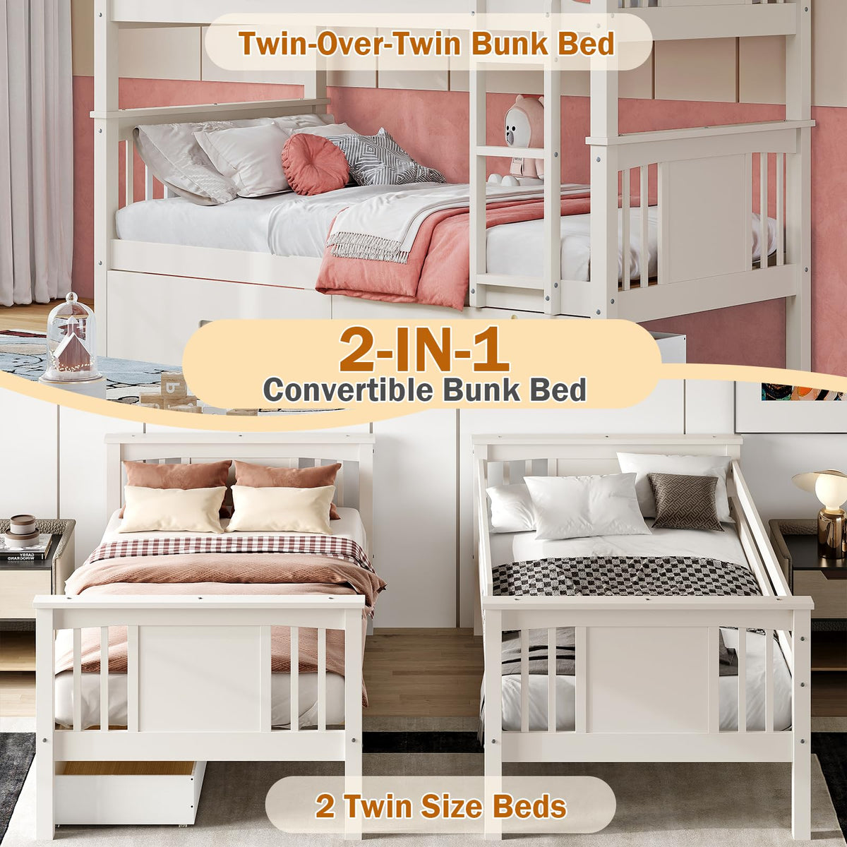 Solid Wood Twin-Over-Twin Bunk Bed with 2 Storage Drawers G3038
