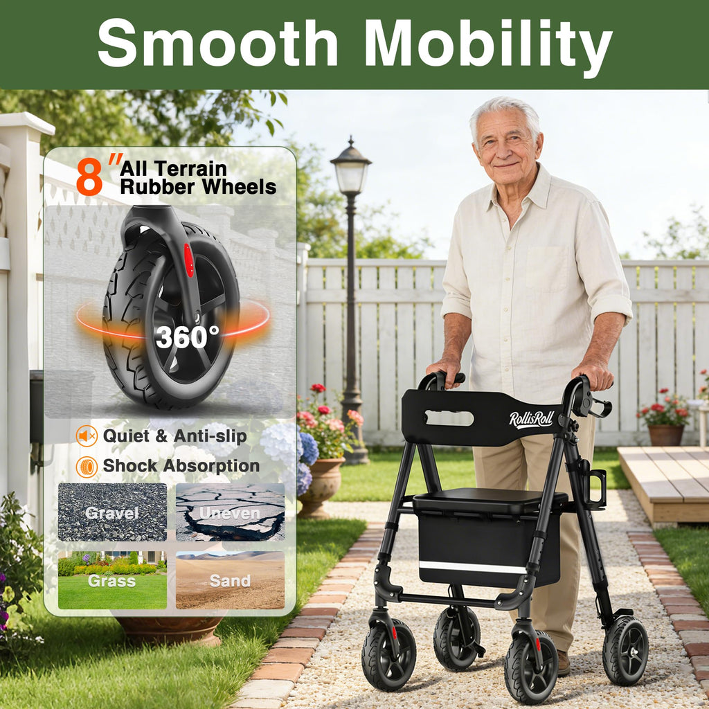 Lightweight Foldable Rollator Walker with 8" Rubber Wheels, 350lb Capacity, Black B806
