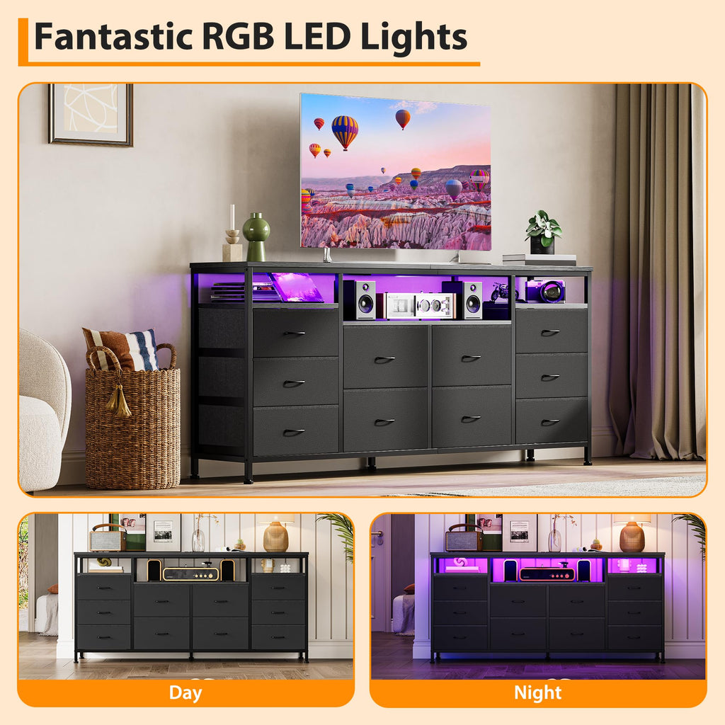 Black 10 Drawer Fabric Dresser with LED Lights & Charging Ports W987