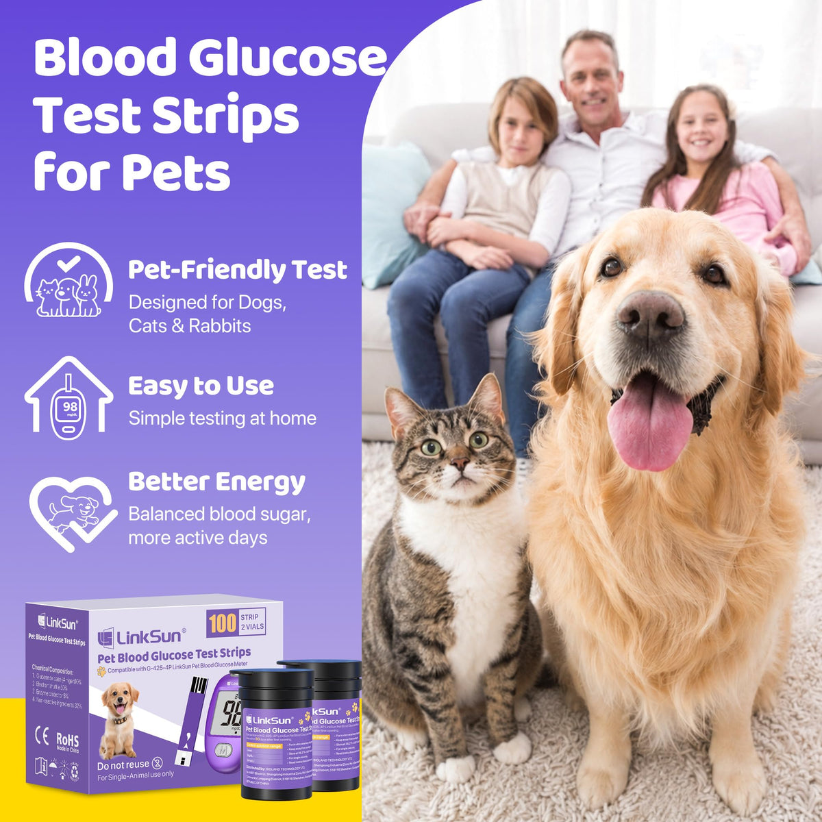 Pet Glucose Test Strip for Dogs & Cats, 100PCS V914