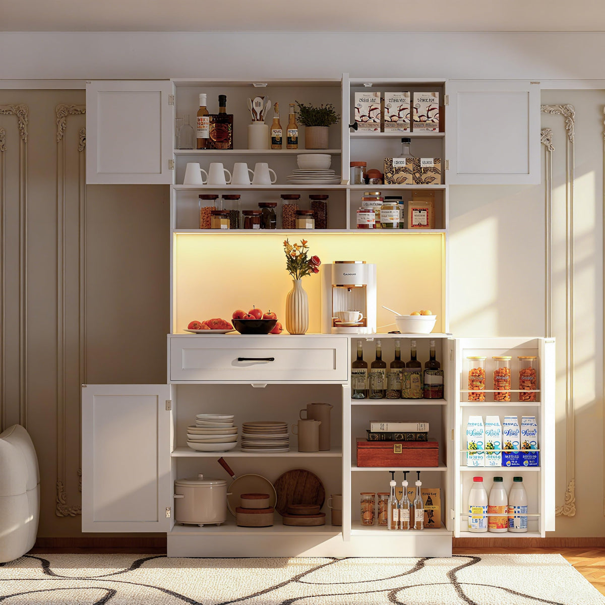 72" Kitchen Pantry Cabinet with LED Light and Charging Station W346
