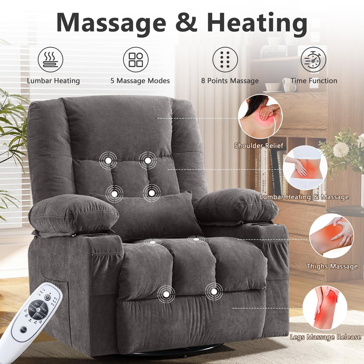 Swivel Rocker Recliner Chair with Massage and Heat J628657
