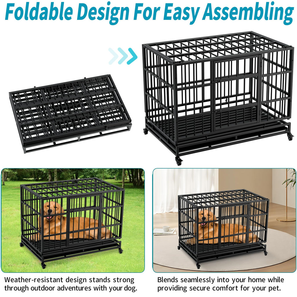 48 Inch Heavy Duty Collapsible Metal Dog Crate with Wheels G9999
