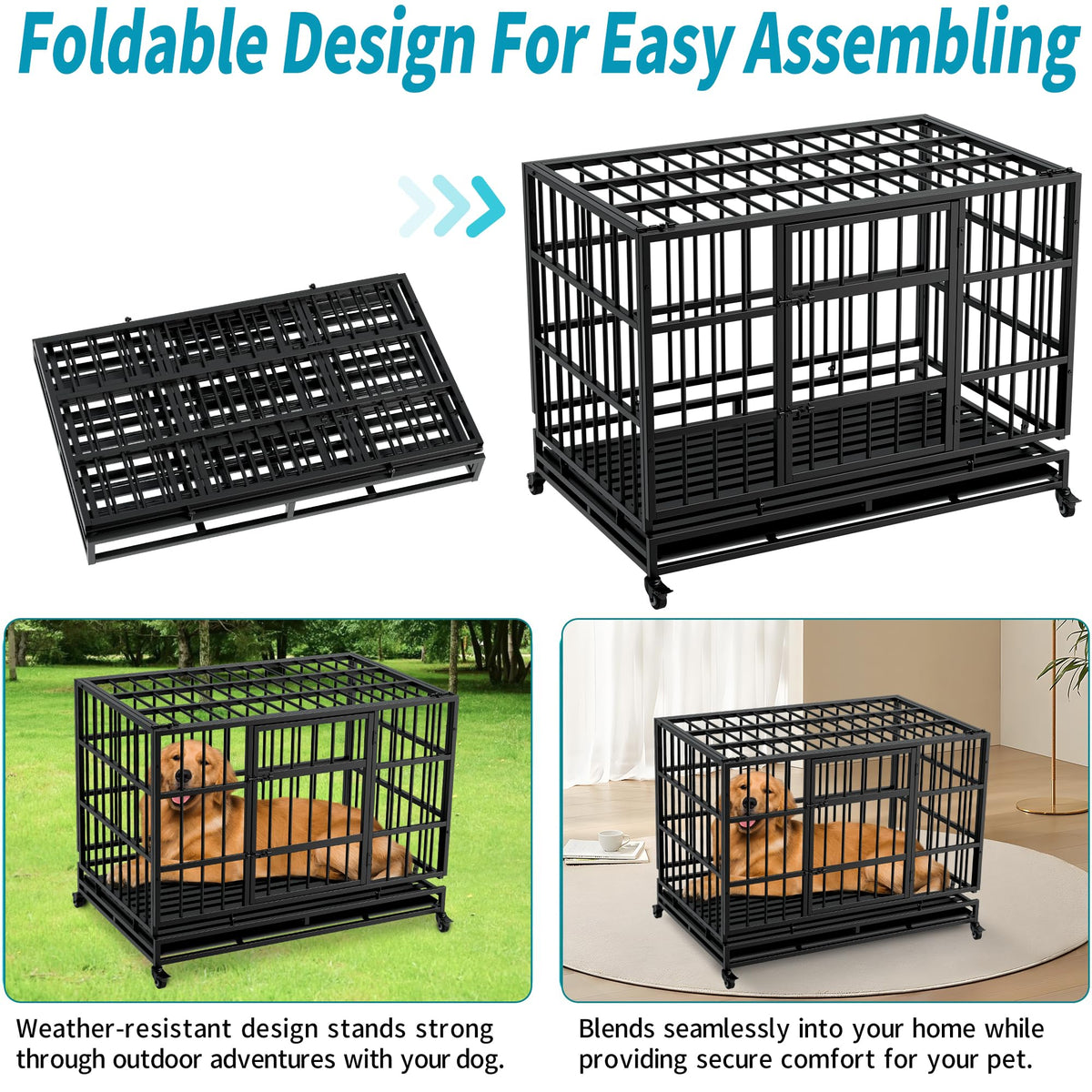 48 Inch Heavy Duty Collapsible Metal Dog Crate with Wheels G9999