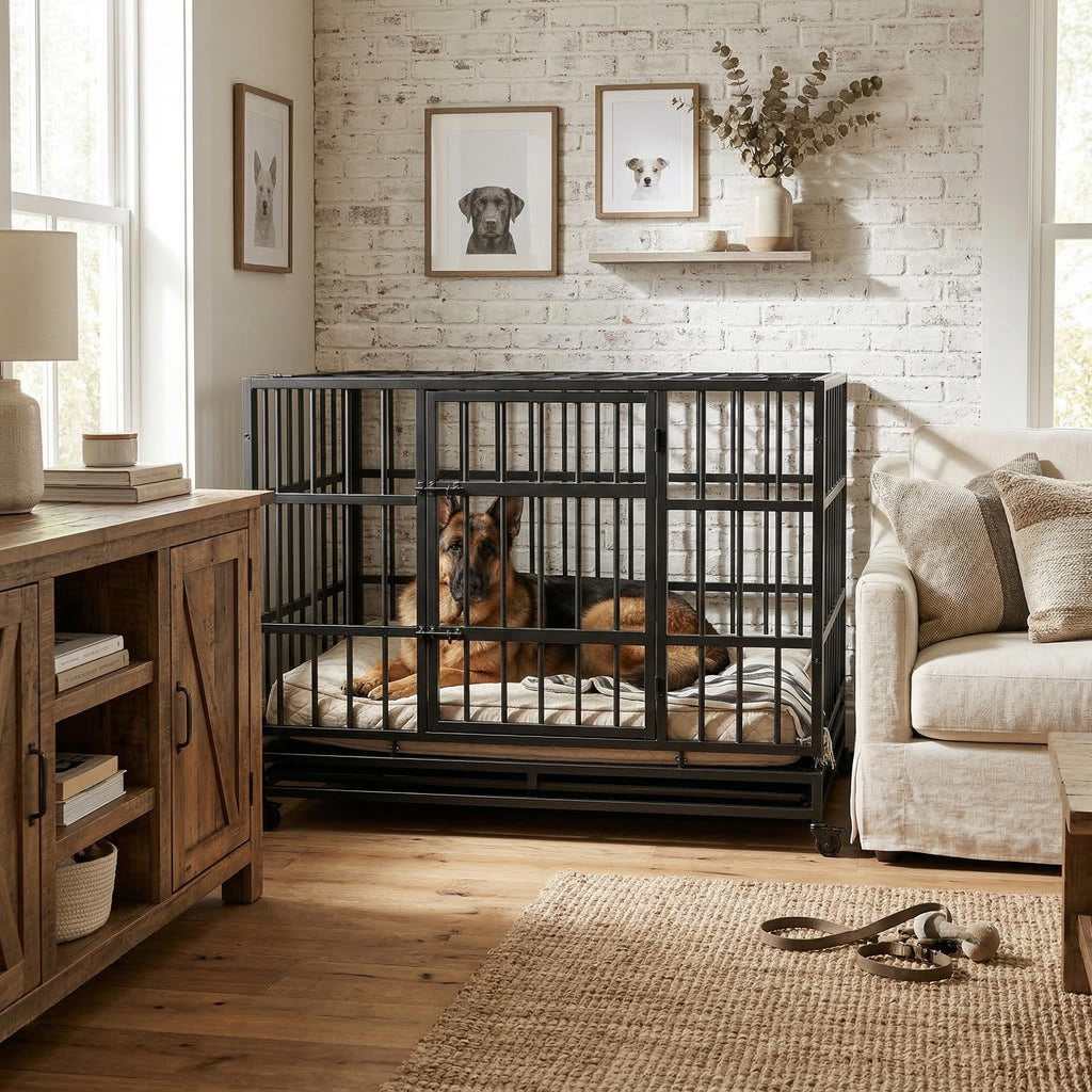 48 Inch Heavy Duty Collapsible Metal Dog Crate with Wheels G9999