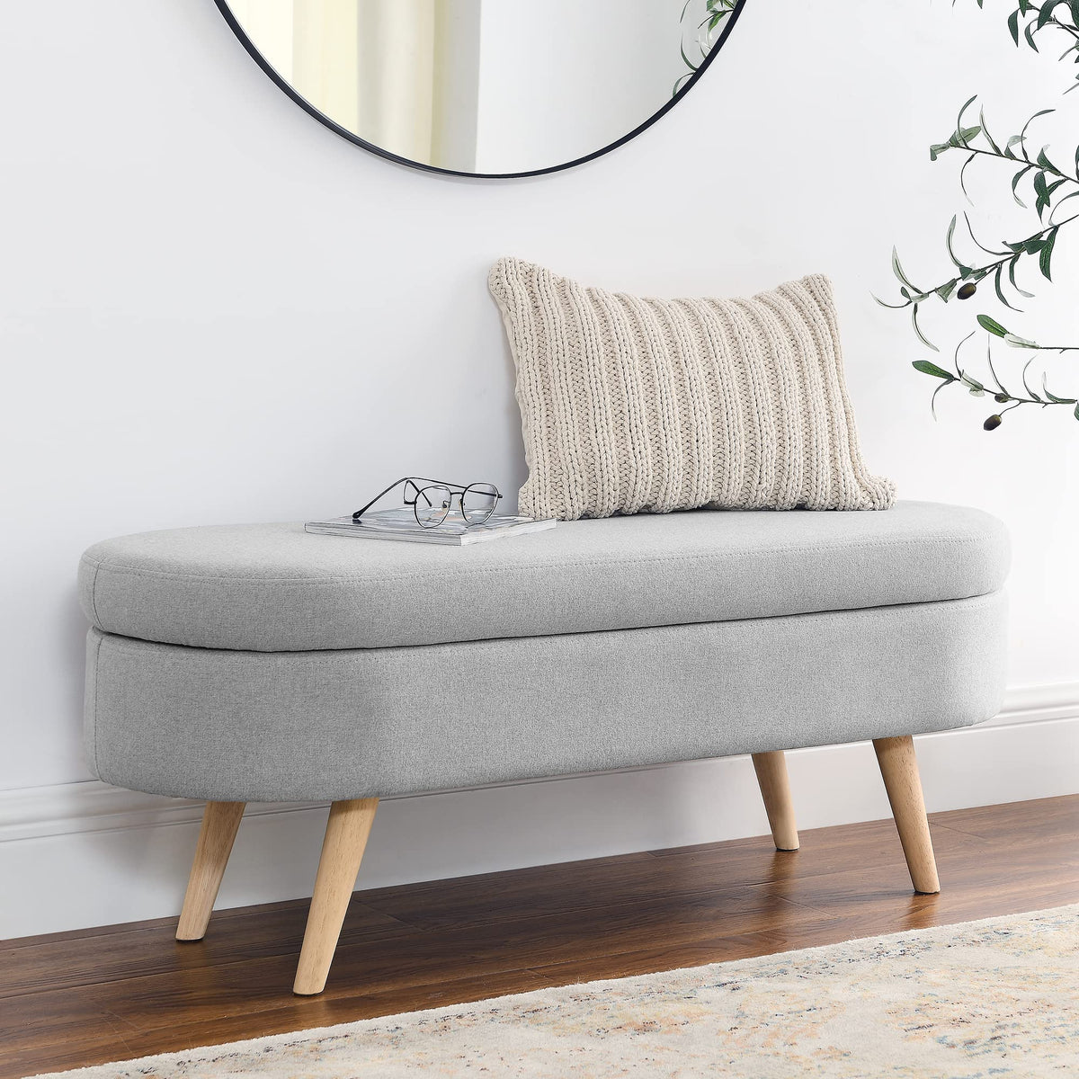 Oval Storage Bench with Linen Fabric and Rubber Wood Legs Grey X94148
