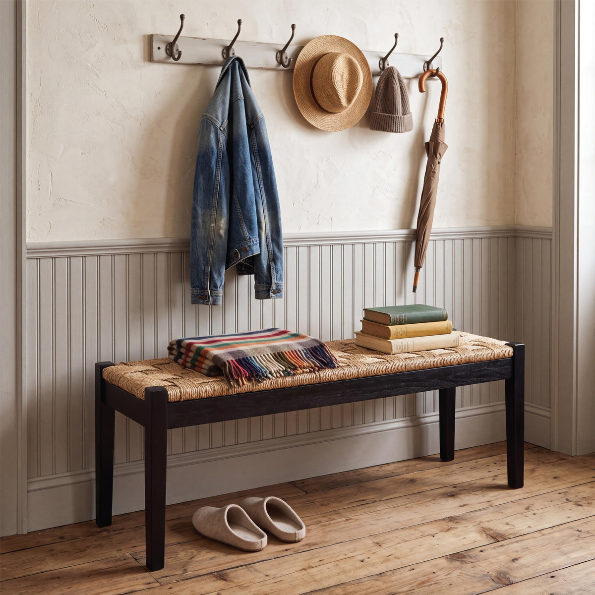 46-Inch Acacia Wood Entryway Bench with Woven Seagrass Seat Q32628