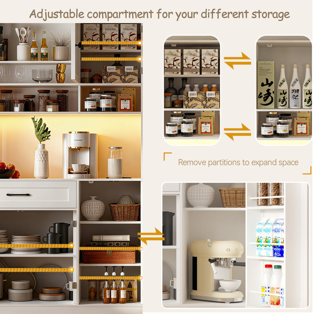 72" Kitchen Pantry Cabinet with LED Light and Charging Station W346