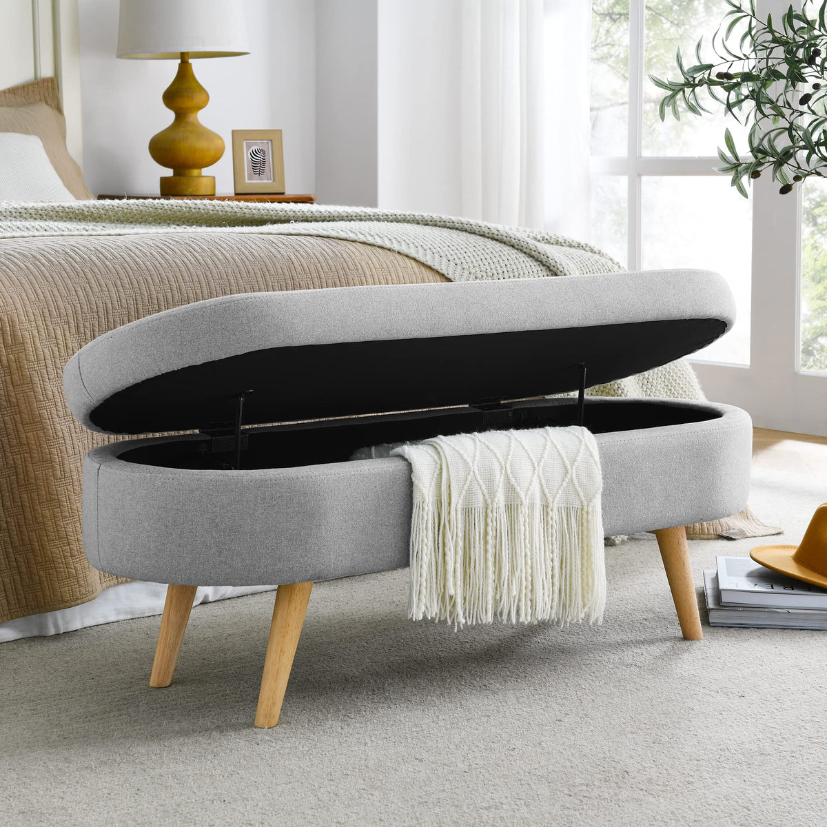 Oval Storage Bench with Linen Fabric and Rubber Wood Legs Grey X94148