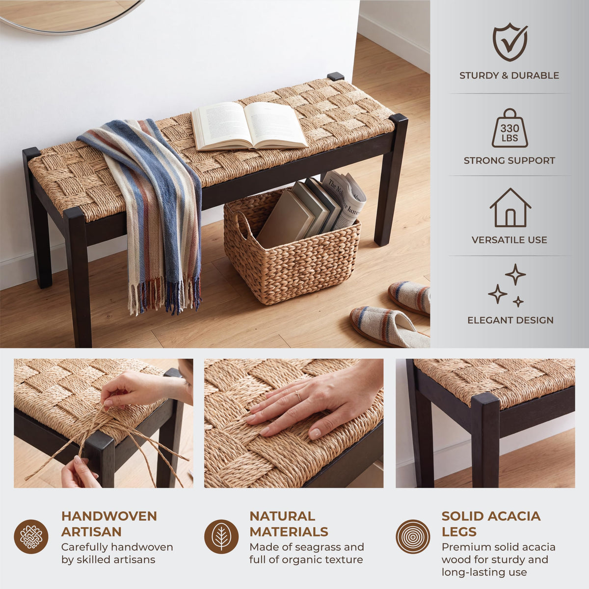 46-Inch Acacia Wood Entryway Bench with Woven Seagrass Seat Q32628