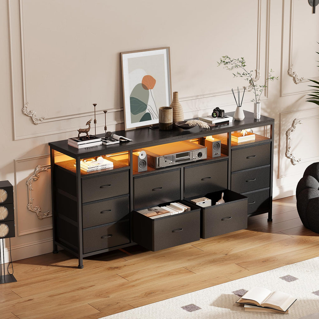 Black 10 Drawer Fabric Dresser with LED Lights & Charging Ports W987