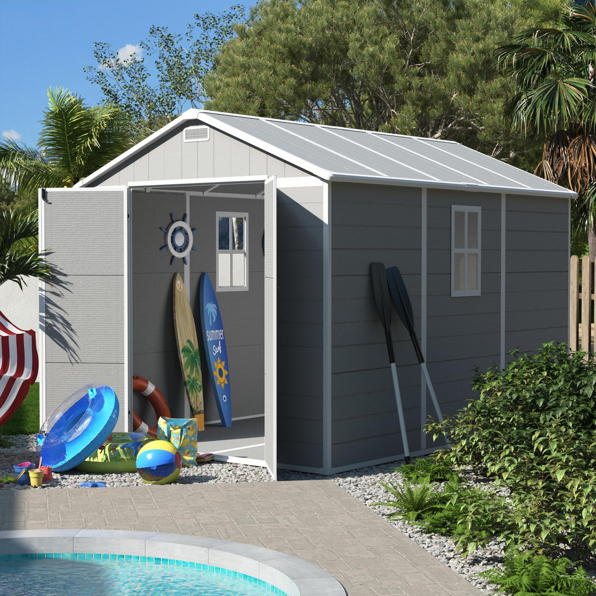 Plastic Storage Shed 7.5x10FT Grey White C490866