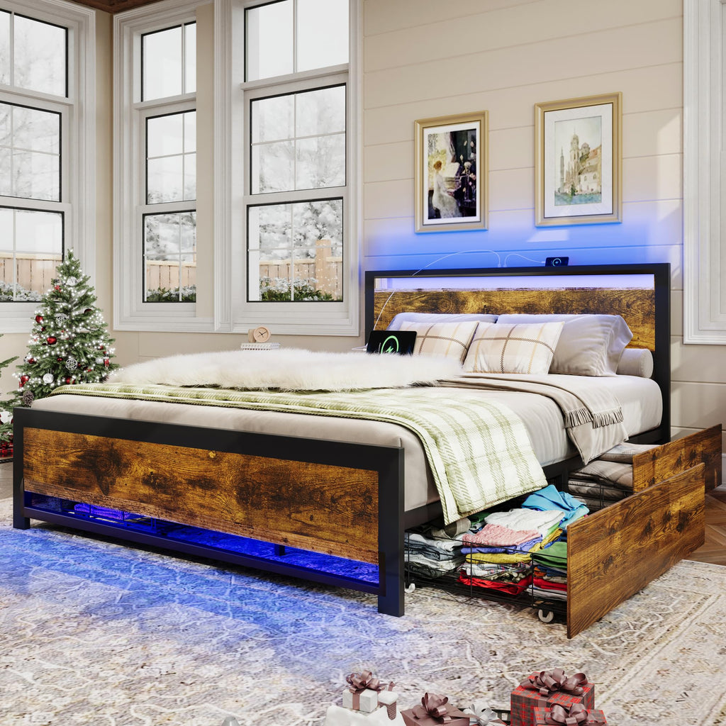 King Size Wood Bed Frame with 4 Storage Drawers J814240