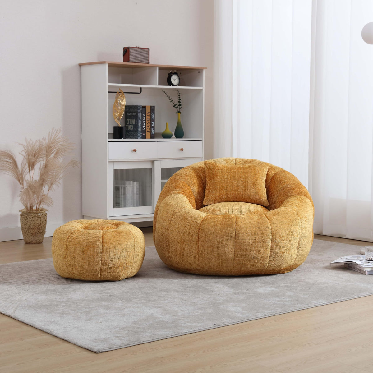 Yellow Memory Foam Bean Bag Chair with Ottoman Q7074
