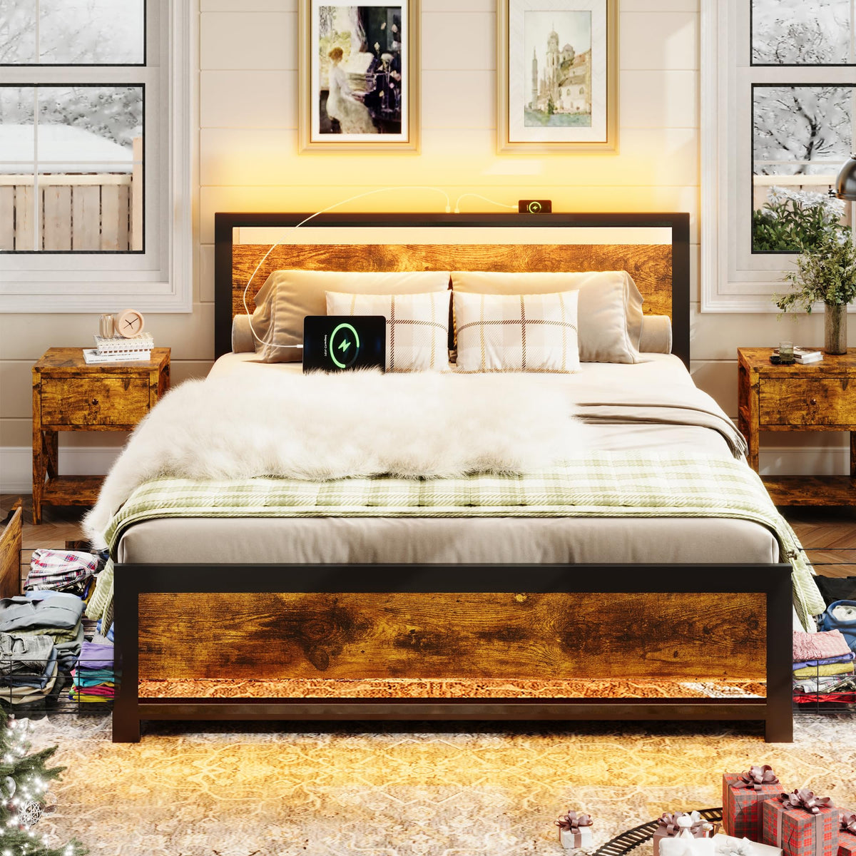 King Size Wood Bed Frame with 4 Storage Drawers J814240