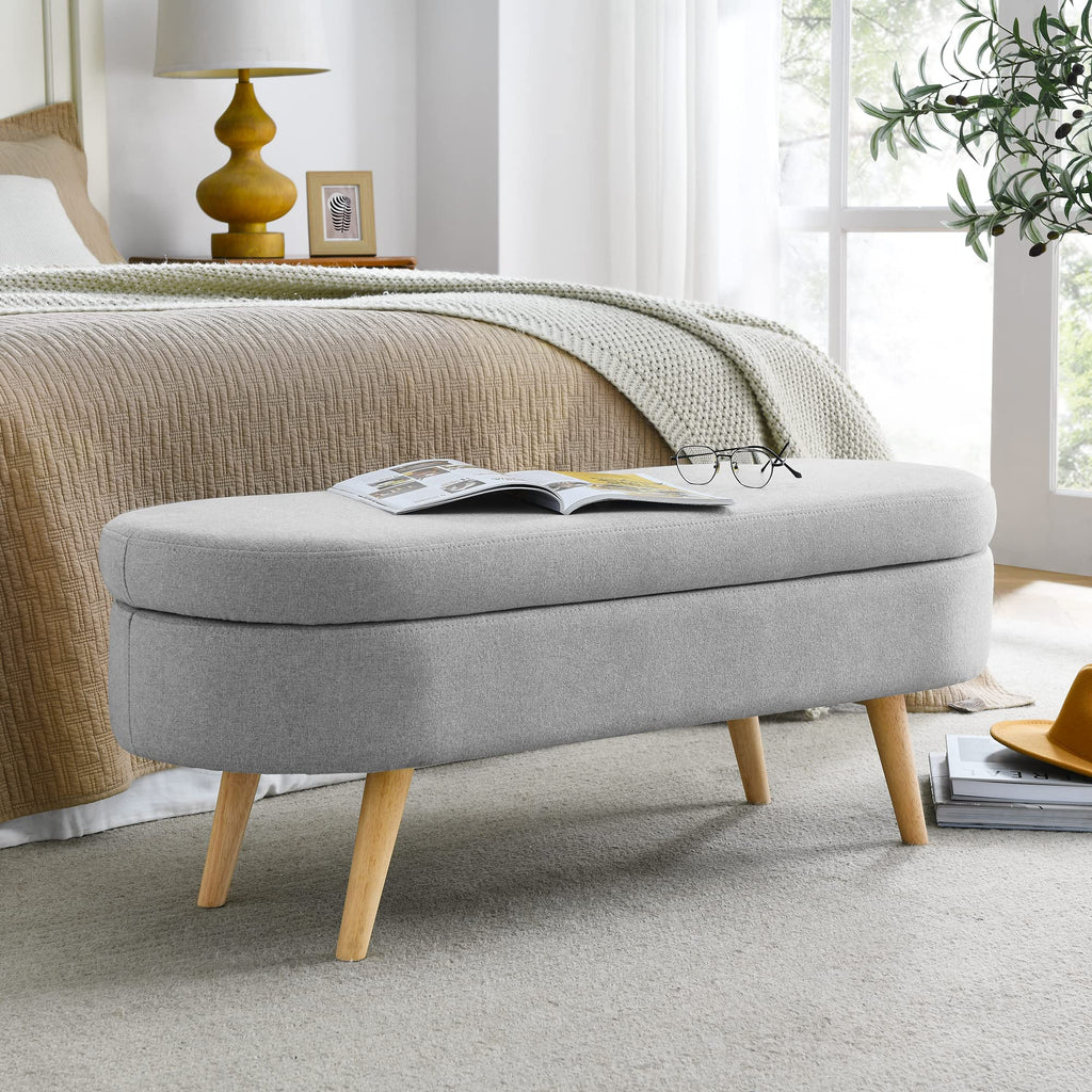 Oval Storage Bench with Linen Fabric and Rubber Wood Legs Grey X94148