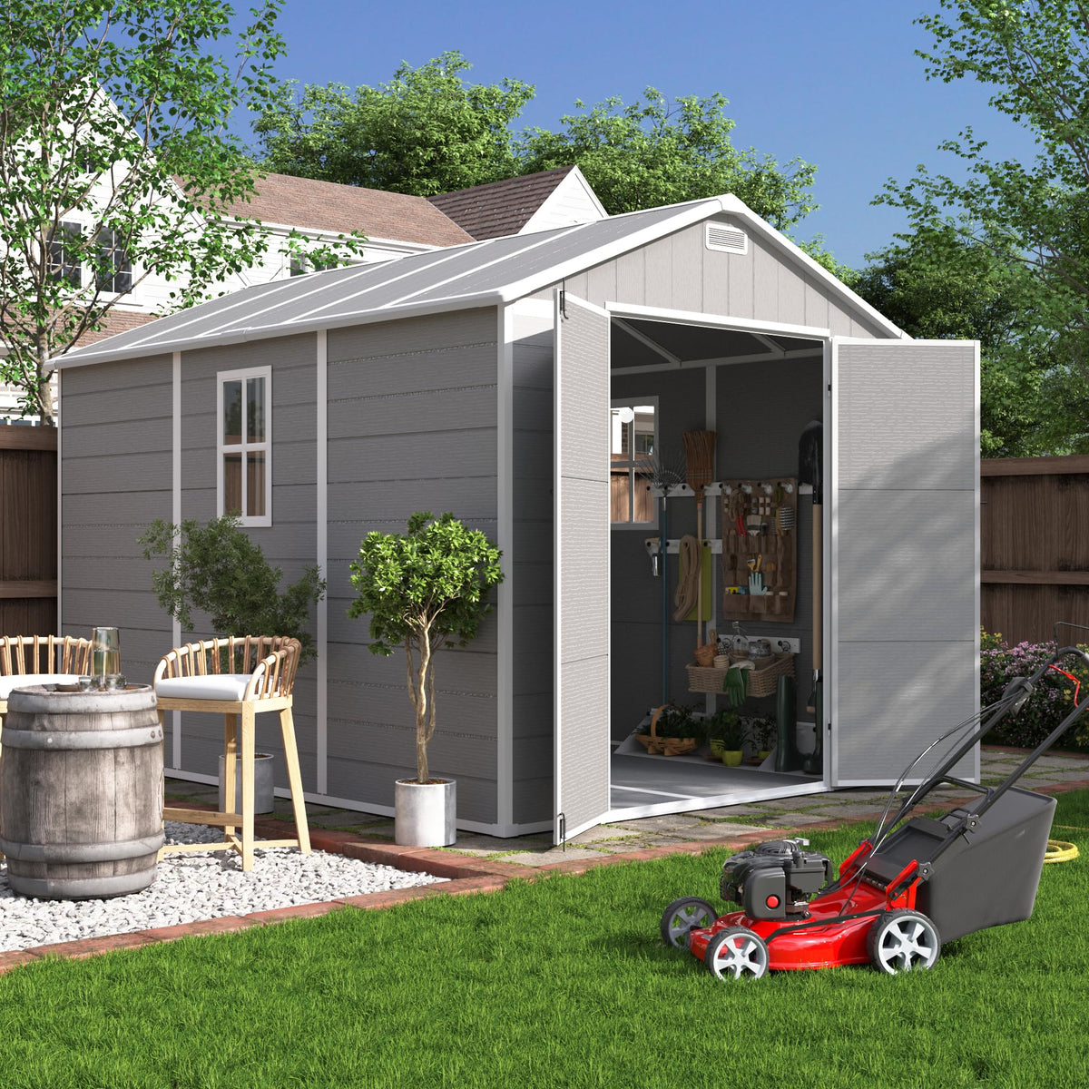 Plastic Storage Shed 7.5x10FT Grey White C490866