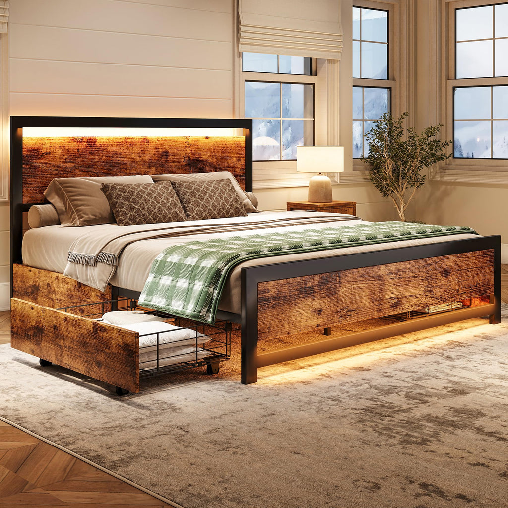 King Size Wood Bed Frame with 4 Storage Drawers J814240