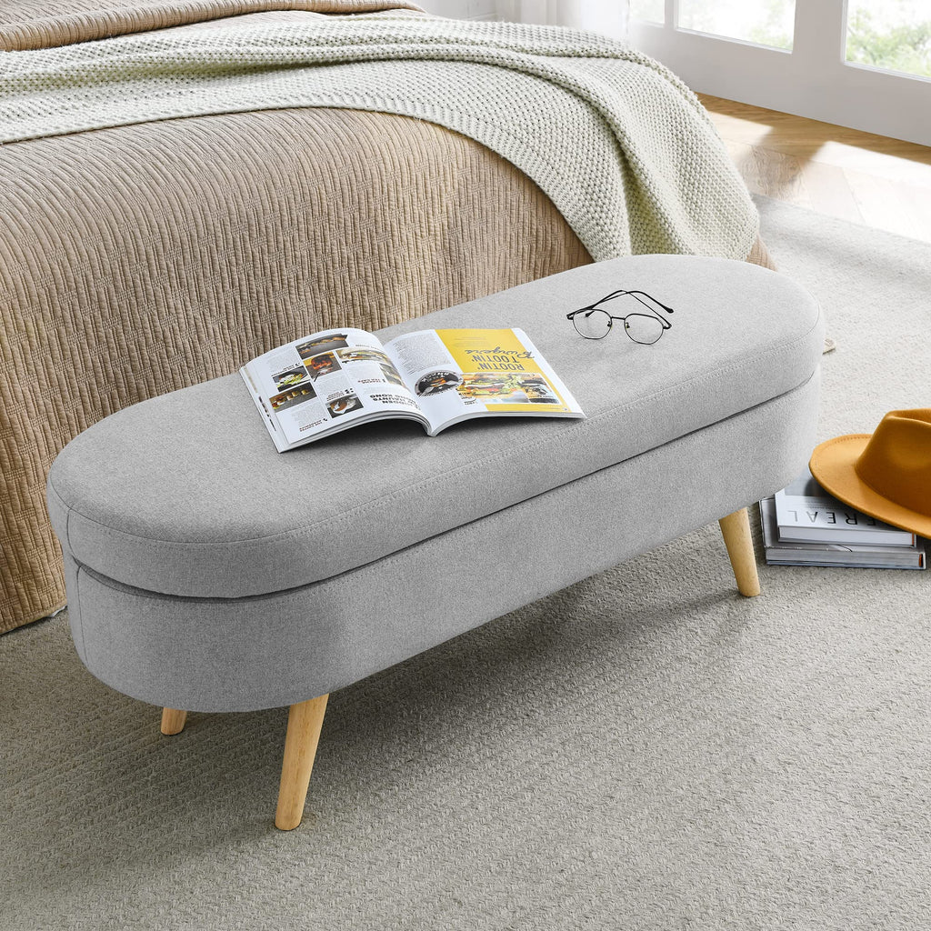 Oval Storage Bench with Linen Fabric and Rubber Wood Legs Grey X94148