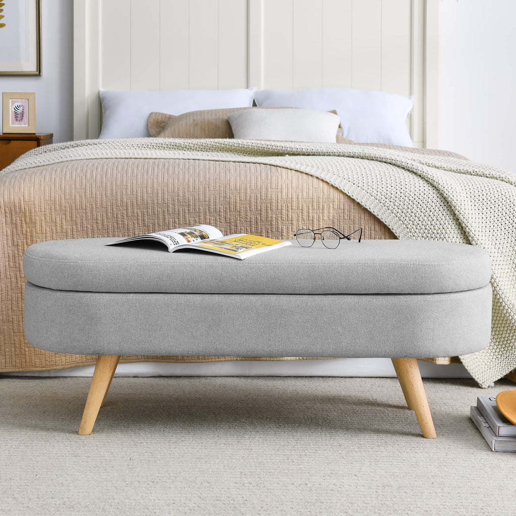 Oval Storage Bench with Linen Fabric and Rubber Wood Legs Grey X94148