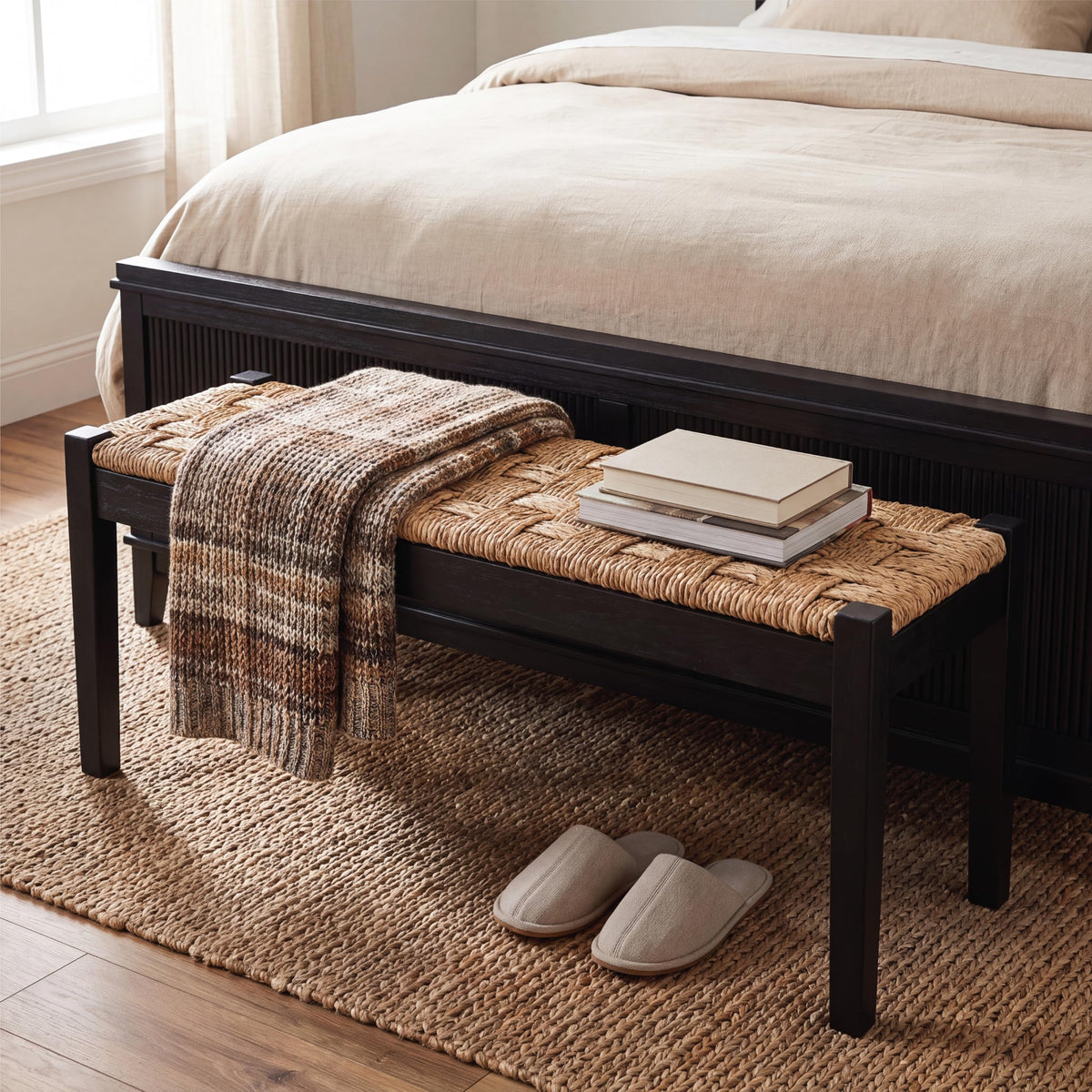46-Inch Acacia Wood Entryway Bench with Woven Seagrass Seat Q32628