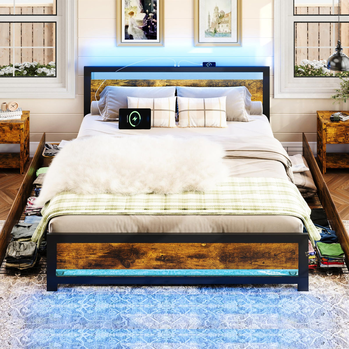 King Size Wood Bed Frame with 4 Storage Drawers J814240